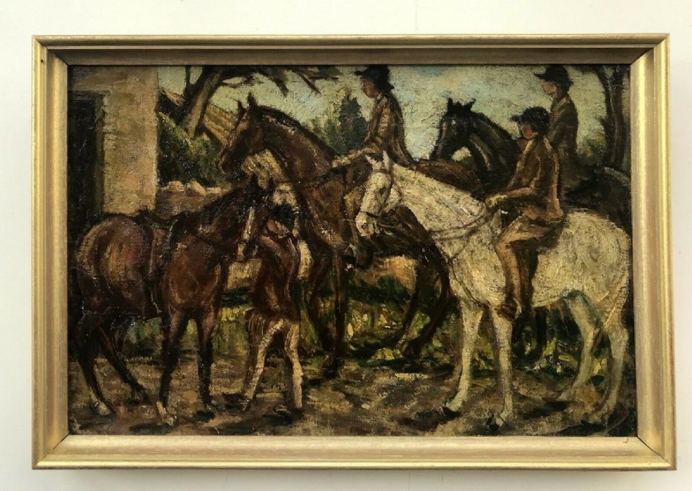 Original 19th Century Small Antique Oil Painting on Canvas Figures Horses Riders Landscape