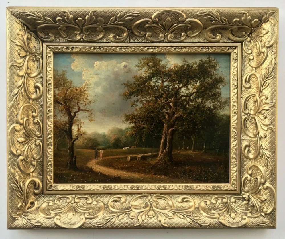 Signed with Monogram Original 19th Century Antique Oil Painting on Wood Panel Country Park Estate Landscape with Figures & Cattle