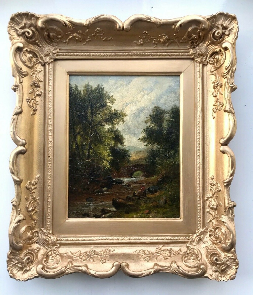 English School 19th Century Original Oil Painting on Canvas Angler by Packhorse Bridge English Landscape in Period Frame