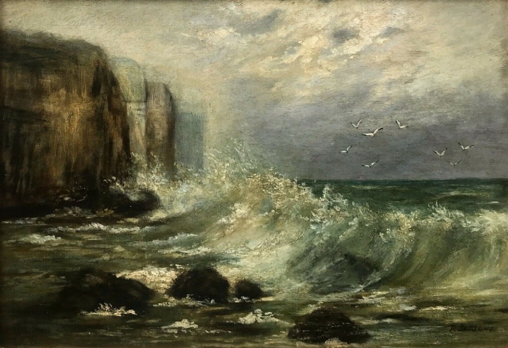 R Sissons Signed Original Late 19th Century Antique Oil Painting on Canvas Seascape Cliff Rocks & Crashing Waves Landscape