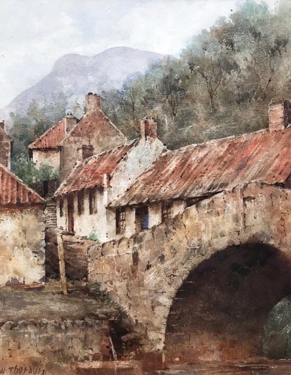 Attributed to William Thornley Original 19th Century Antique Watercolour Painting Cumbrian Village Landscape