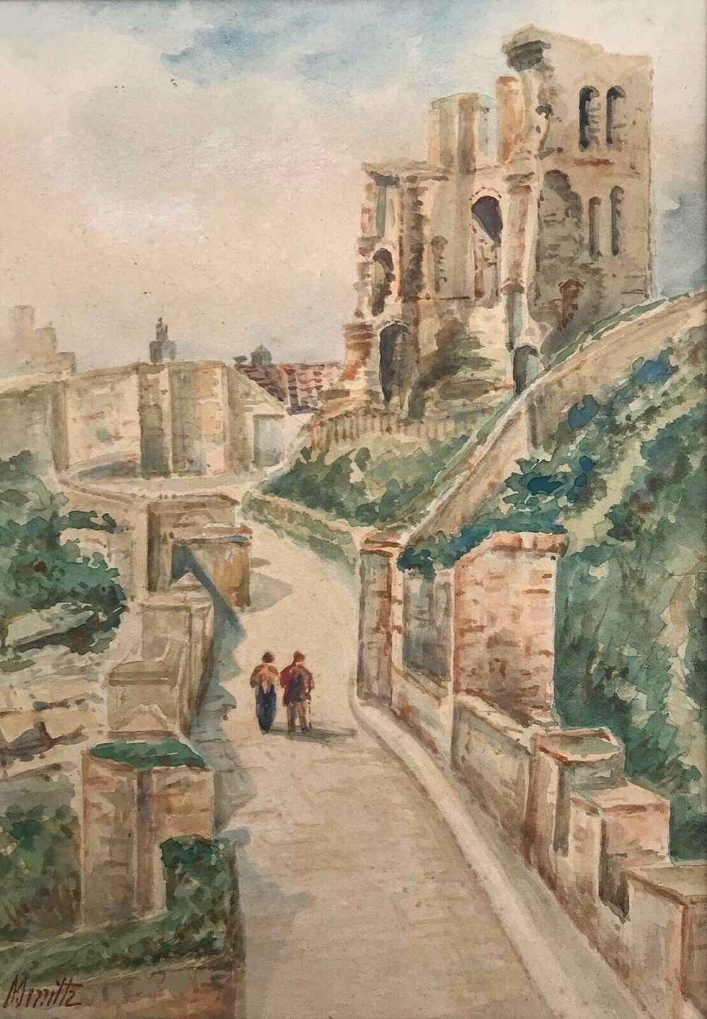 Signed Original 19th Century Antique Watercolour Painting Scarborough Castle Walls & Figures Yorkshire Landscape