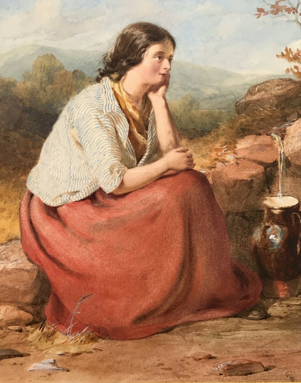 John Henry Mole Signed 1857 Antique Original Watercolour Portrait Painting of Young Lady Collecting Water