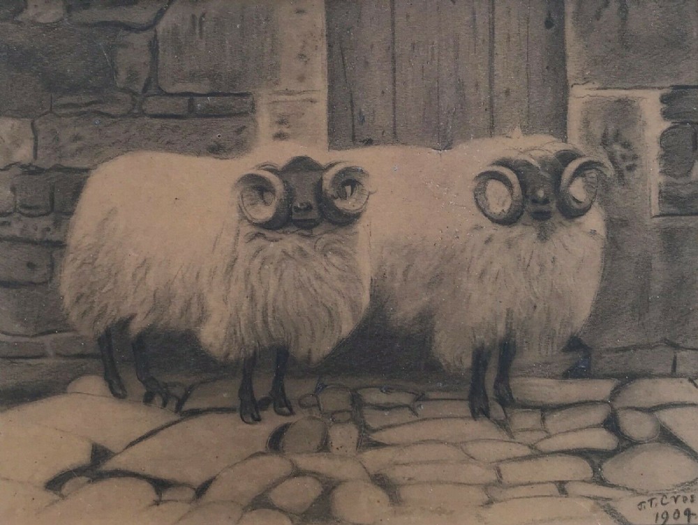 JT Cross Signed 1904 Original English Antique Charcoal Pencil Sketch Drawing of Rams in a Farmyard