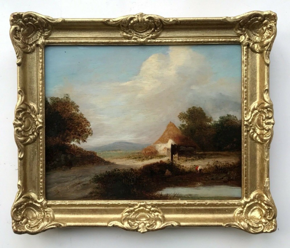 Attributed to Henry Bright Original 19th Century Antique Oil Painting on Wood Panel Figure by a Cottage & Pond