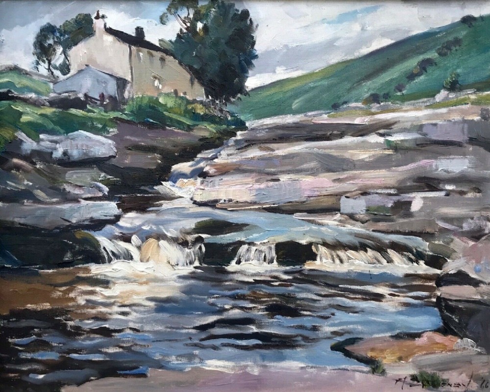 Arnold Denby Original English Vintage Signed Oil Painting on Board New House Farm Deepdale Yorkshire Landscape