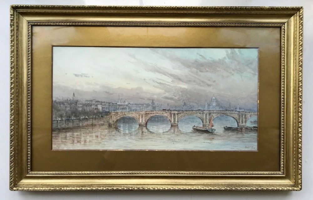 Herbert Finn 1909 Signed Original English Antique Watercolour Thames Bridge View & Distant St Pauls Cathedral London Skyline Landscape