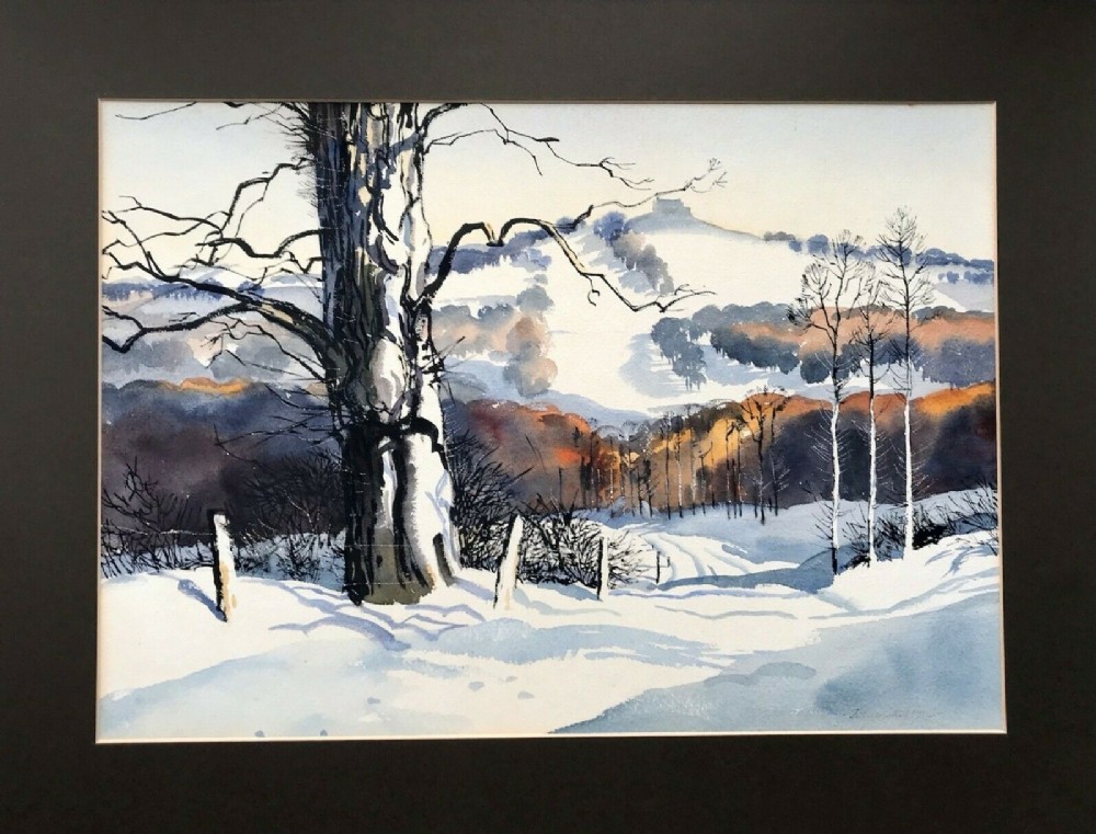 John Skelton Irish Original Mid 20th Century Watercolour Painting Dublin Snow Hills Hellfire Club Ireland Landscape