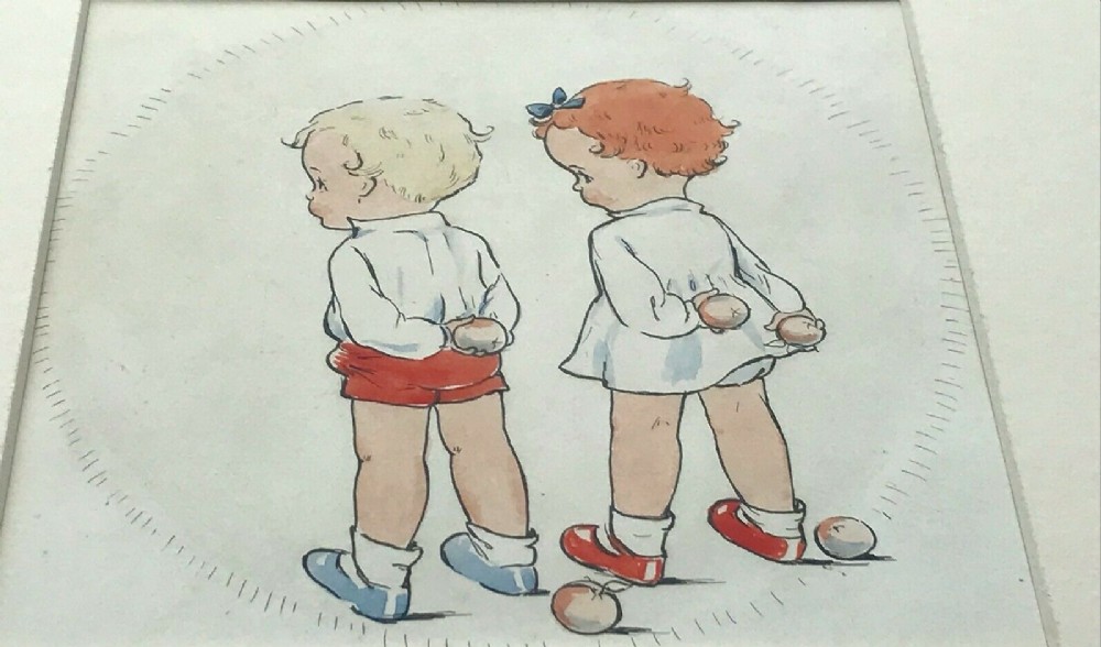 Manner of Mabel Lucie Attwell Original Vintage English Watercolour Painting 2 Children & Apples