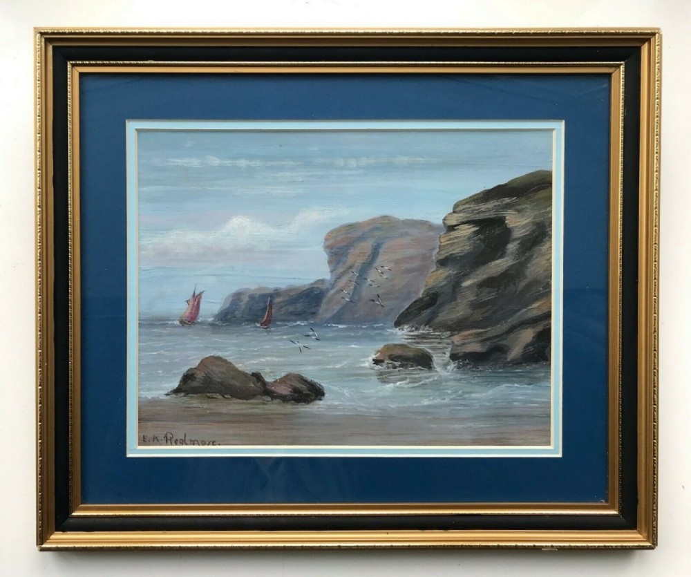 E K Redmore Signed Original Antique Oil Painting on Card Fishing Boats by Cliffs English Seascape