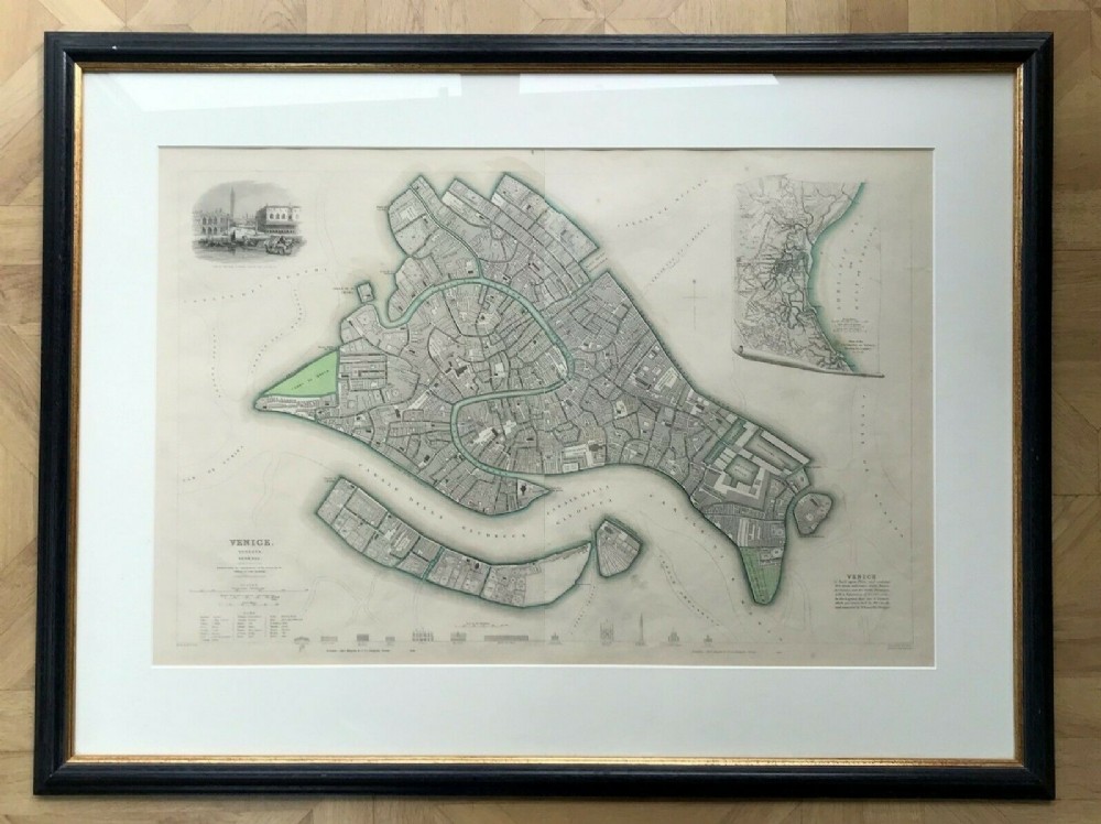 BR Davies after WB Clarke Map of Venice, Italy Original 19th Century Antique Hand Coloured Engraving 