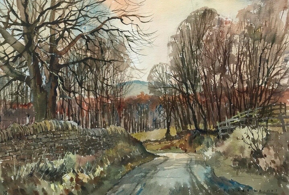 Sidney Wright Signed Original English Vintage Watercolour Painting Country Lane near Fewston Harrogate North Yorkshire Landscape