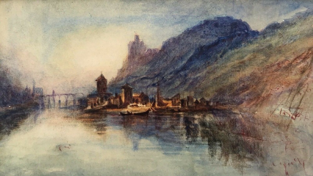 Circle of JMW Turner Original Early 19th Century Antique Watercolour Painting Castle & Bridge View Landscape