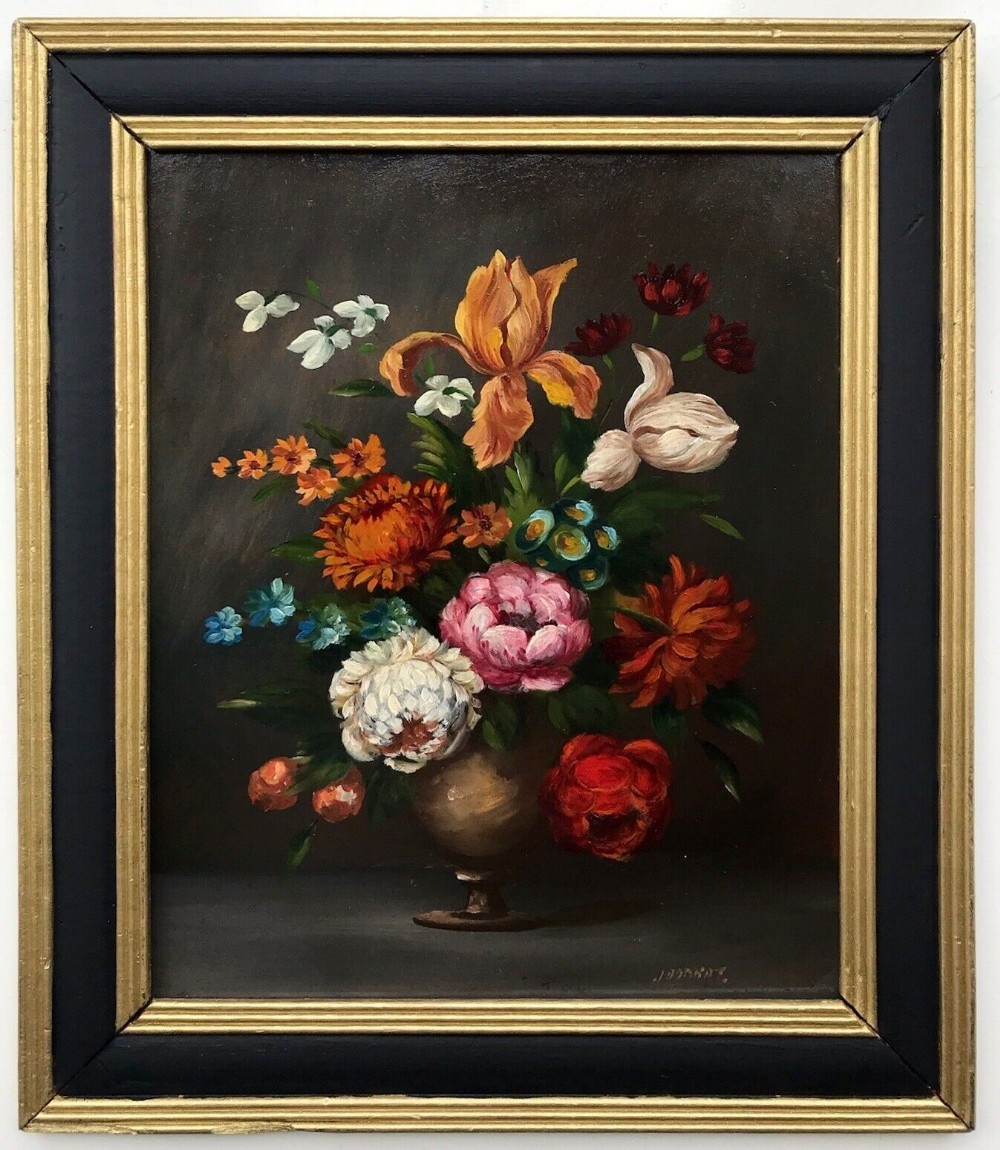 J Brandt (Dutch School) Original early 20th Century Antique Oil Painting on Board Flowers in a Vase Still Life