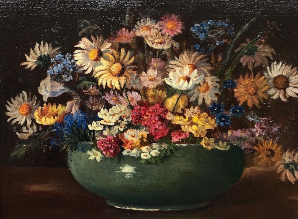 Original Early 20th Century Antique Oil Painting on Board Flowers in a Green Bowl Still Life Study