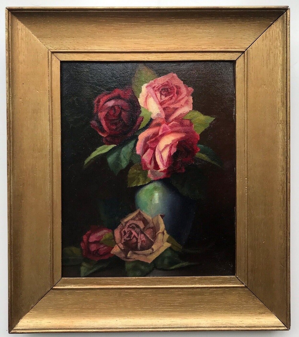 H Lamb Signed 1907 Early 20th Century Original English Antique Oil Painting Roses in a Vase Still Life