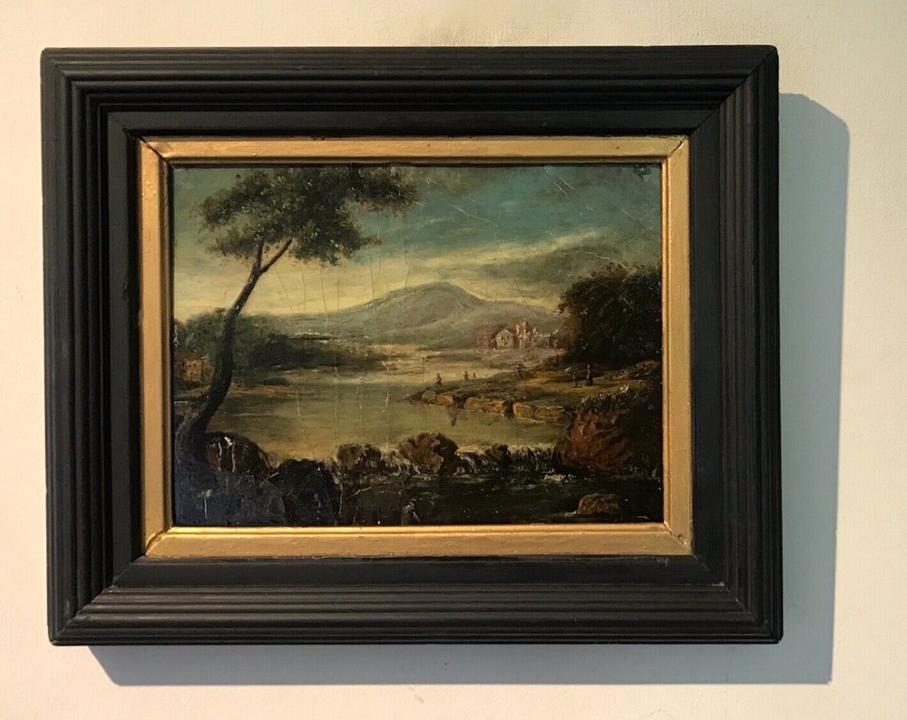 English School Original Antique Oil Painting on Panel Figures Castle River Landscape 