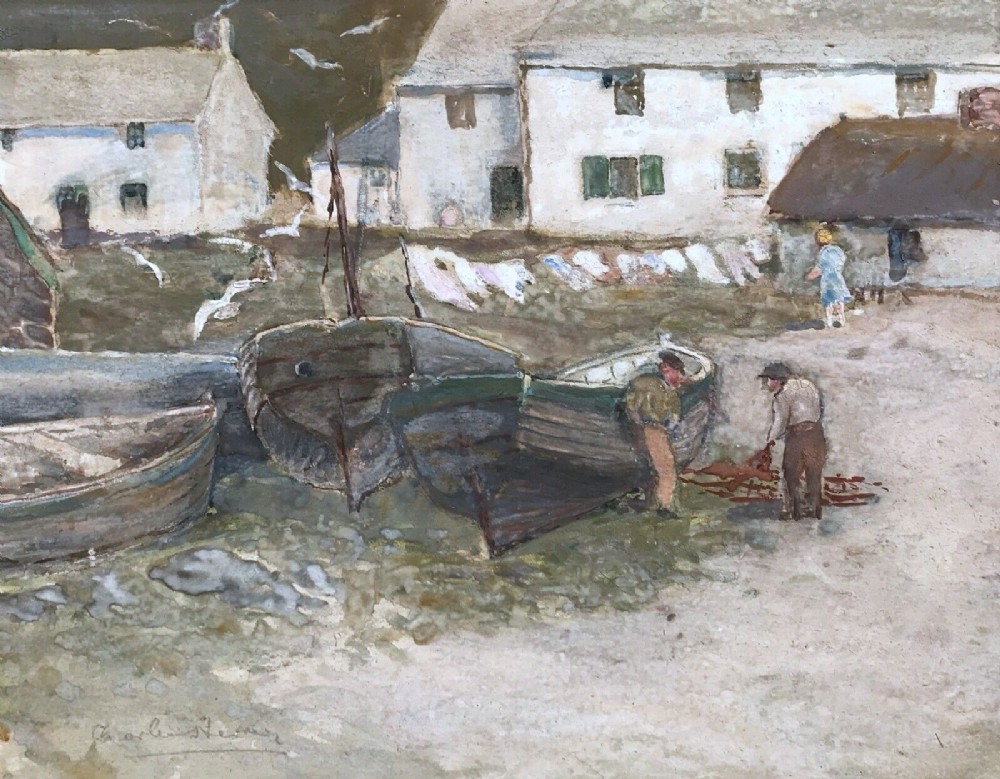Indistinctly Signed Original Early 20th Century Gouache Watercolour Painting Fishermen with Boats Cottages & Washing