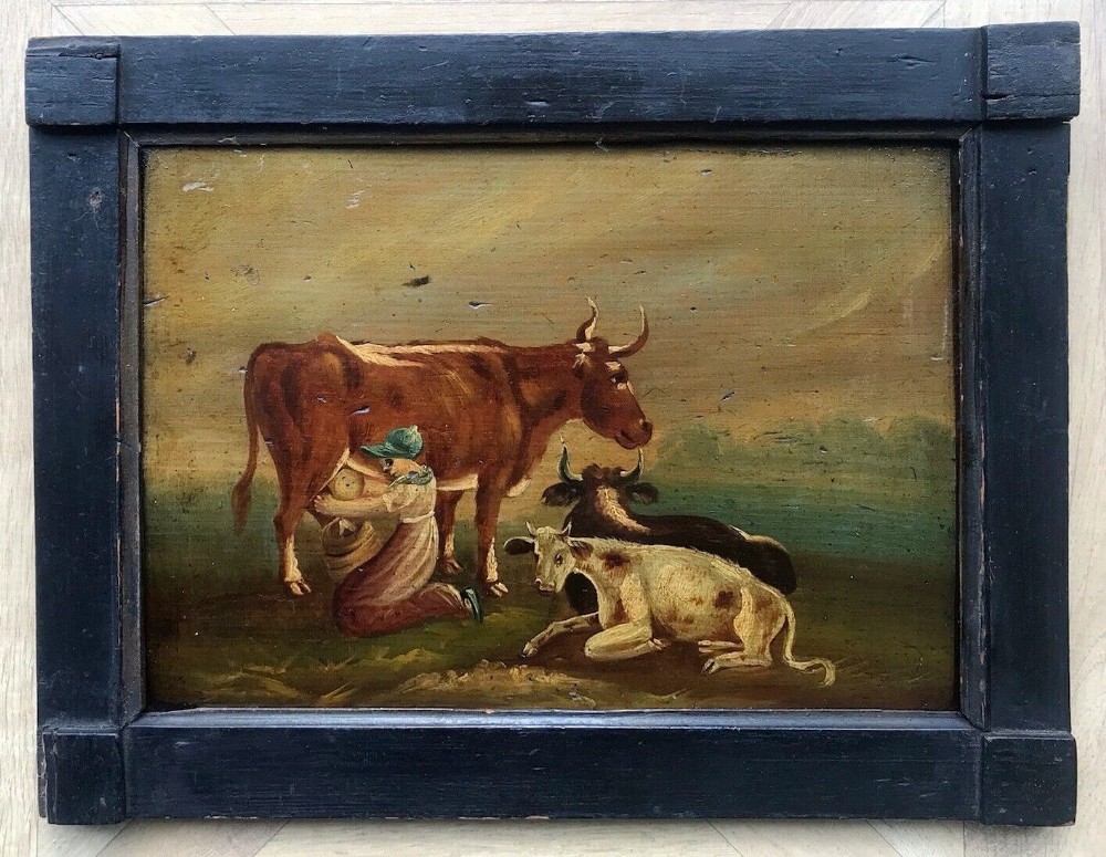 Naive Folk Art Original Early 19th Century Antique Oil Painting on Wood Panel, Maid Milking Cows 
