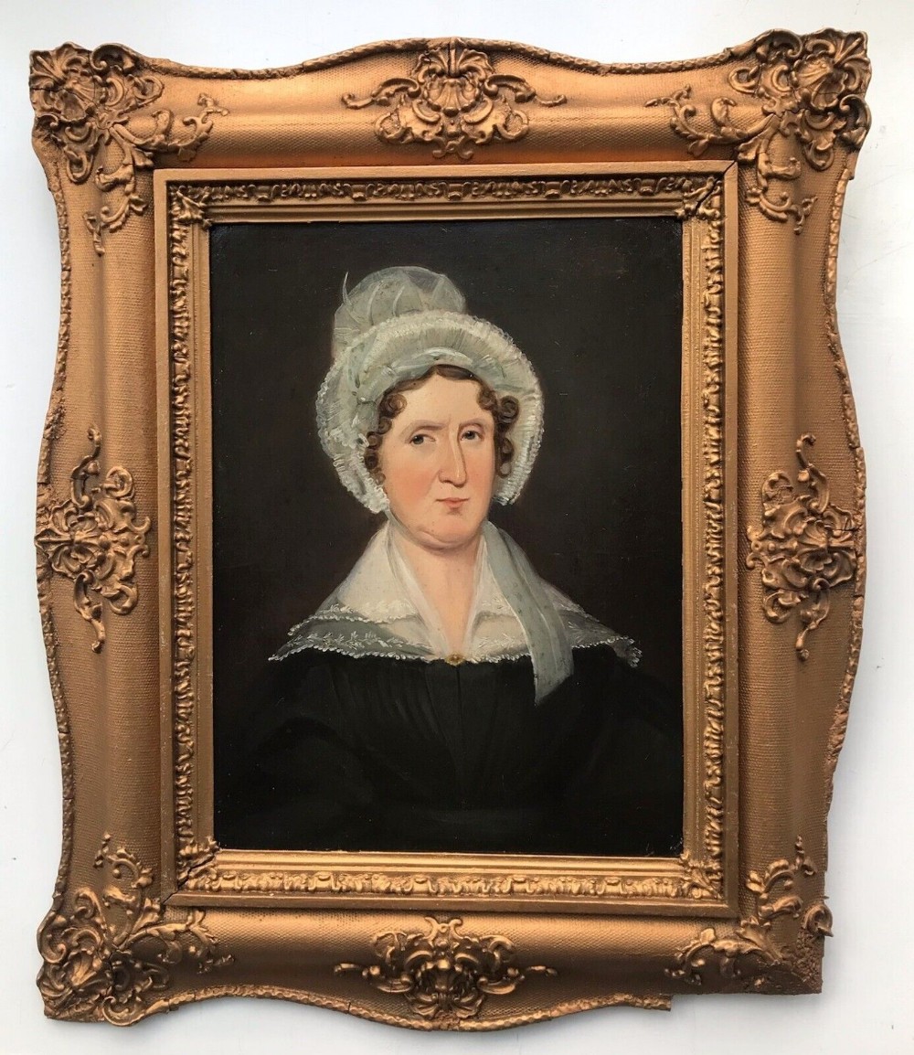 Indistinctly Signed & Dated Verso Original Antique Framed Oil Painting on Board Portrait of a Lady in Ribbon Bonnet and a Lace Collar
