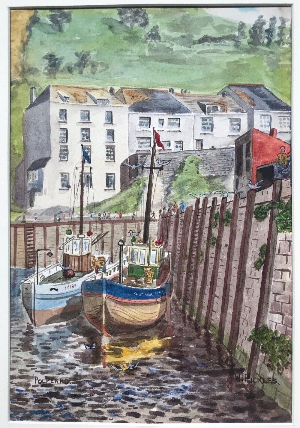 W Pickles Signed Original Vintage English Watercolour Painting Polperro Harbour Corwall Seascape