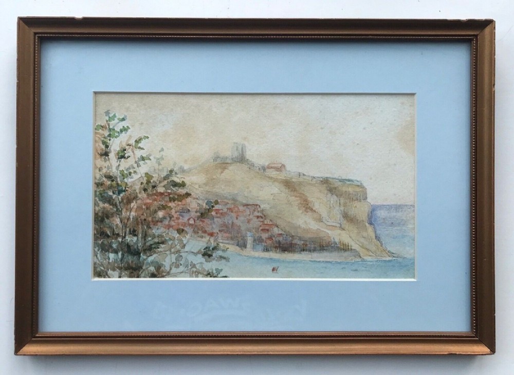 Original 19th Century Antique Watercolour Painting Scarborough Castle and Rooftops View Yorkshire Seascape