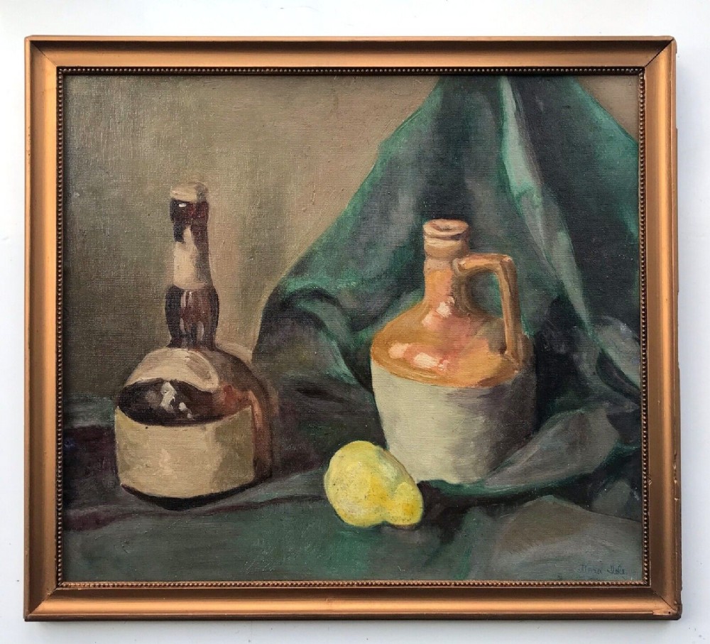 Original early 20th Century Antique Oil Painting on Board Still Life Study of a Brandy Bottle, Ceramic Jug & lemon Indistinctly Signed