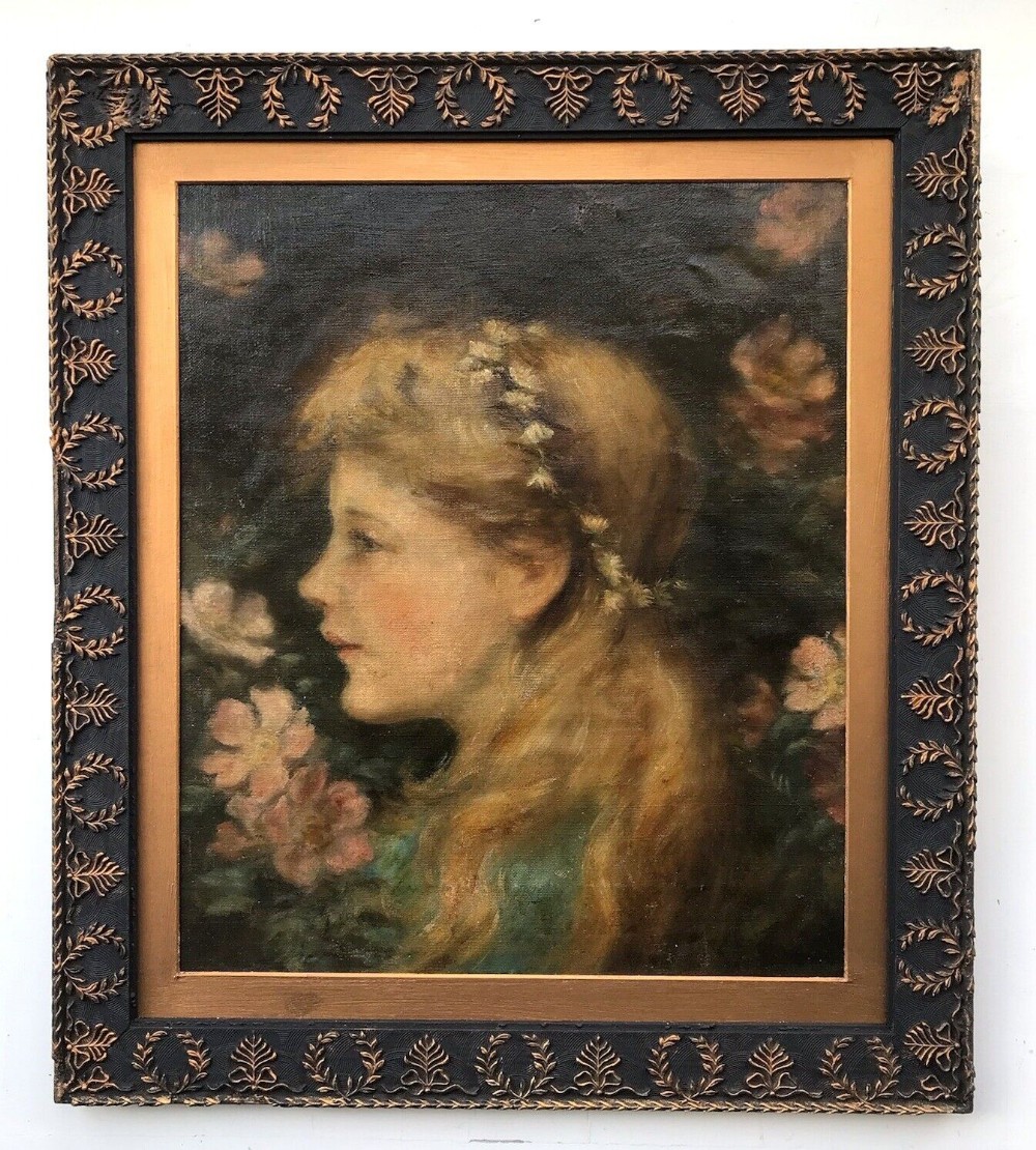 English School Original Antique Oil Painting Portrait Girl, Manner of G F Watts