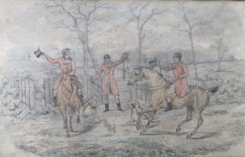 H (Henry) Alken 1825 Original Antique Pencil & Watercolour Painting English Fox Hunting Landscape