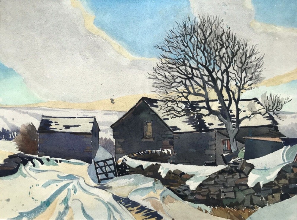 Original Maurice Long Mid 20th Century Vintage Watercolour Painting Middlesmoor in Snow Nr Pateley Bridge North Yorkshire