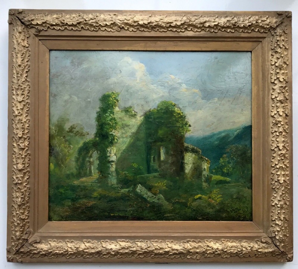 Original 19th Century Antique Oil Painting on Board, English School Ruined Castle Landscape inscribed verso in Decorative Frame