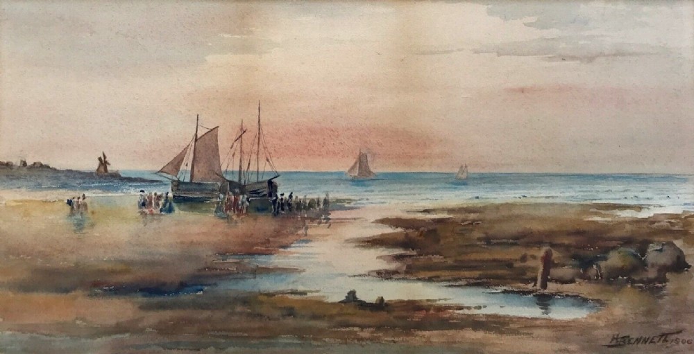 Signed H Bennett 1906 Original Antique Watercolour Painting Yorkshire Coast Landscape with Figures & Boats