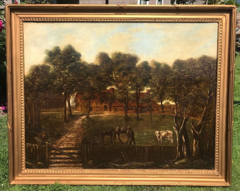 Original 19th Century English School Large Antique Oil Painting on Canvas Farmstead Horses & Cattle