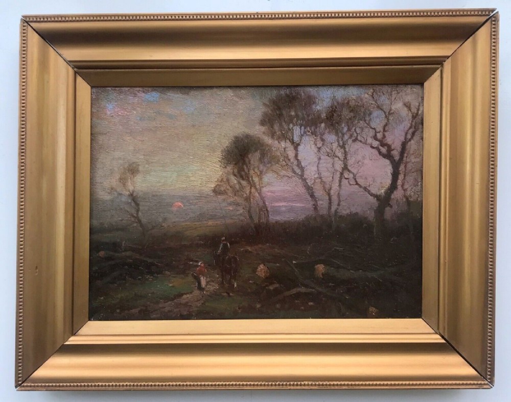 William Ashton Signed Original 19th Century Antique Oil Painting on Canvas Horse & Rider at Sunset