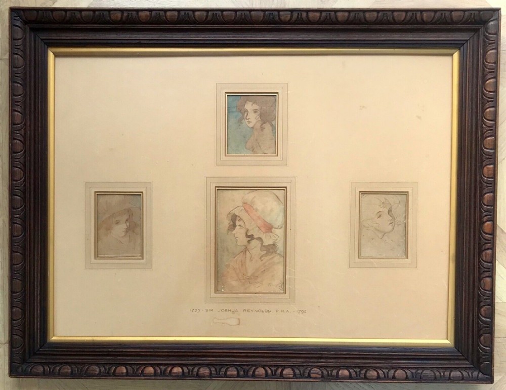 Joshua Reynolds 4 x Original 18th Century Antique Watercolour Paintings Portrait Sketches of Young Women Signed J Reynolds & Dated Inscription Verso