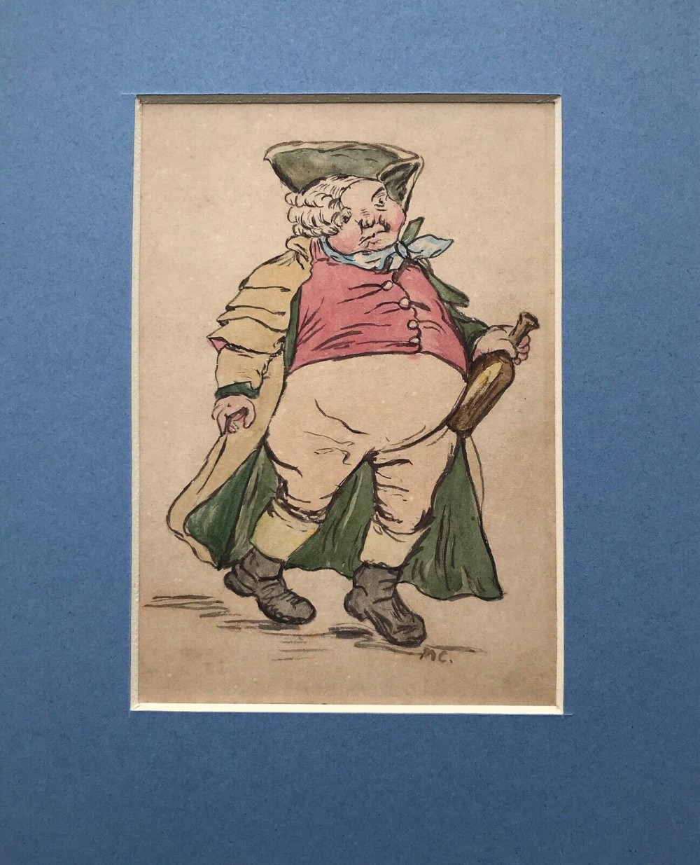 Original Monogrammed 19th Century Watercolour Sketch Portrait Caricature of a Drunken Man