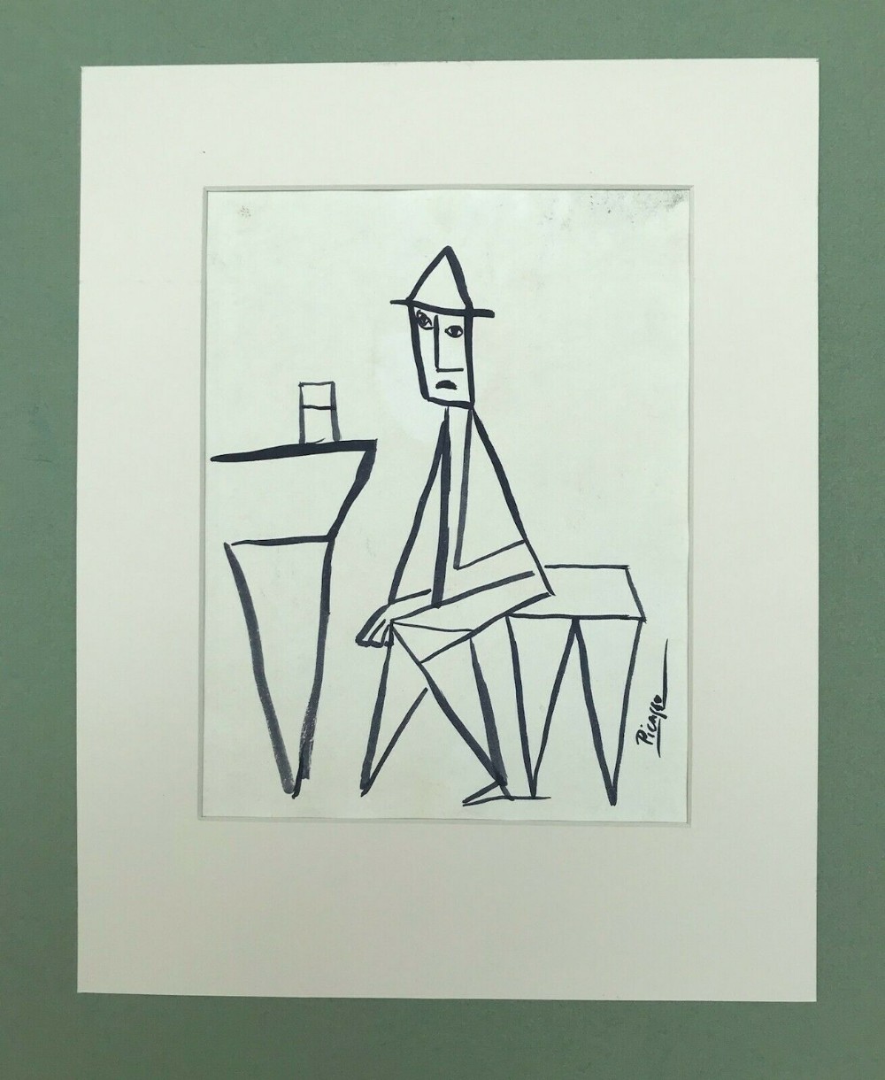 Signed Picasso Original Ink Drawing in The Manner of Pablo Picasso Abstract Drawing on Paper of Man having a Drink