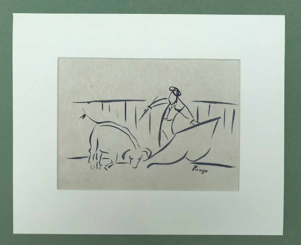 Signed Picasso Original Mid 20th Century Ink Drawing on Paper in the Manner of Pablo Picasso Abstract Sketch of Bull Fighting