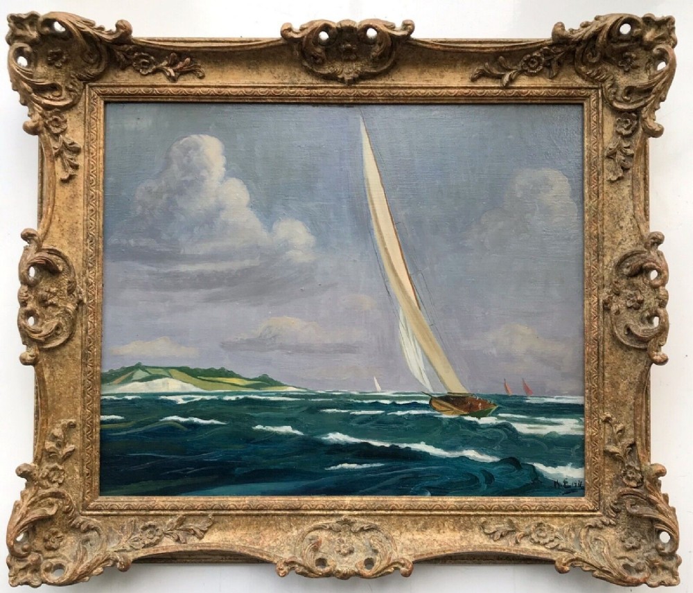 Sailing Boat on a Windy Day Original early 20th Century Oil Painting on Board signed K.E. Dated 1937