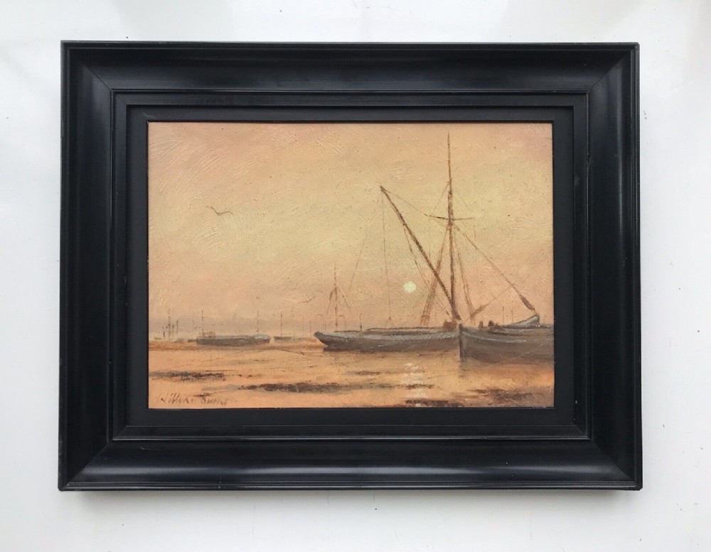 William Burns Signed Original Mid 20th Century English Oil Painting on Panel Sunrise, Pin Mill Suffolk
