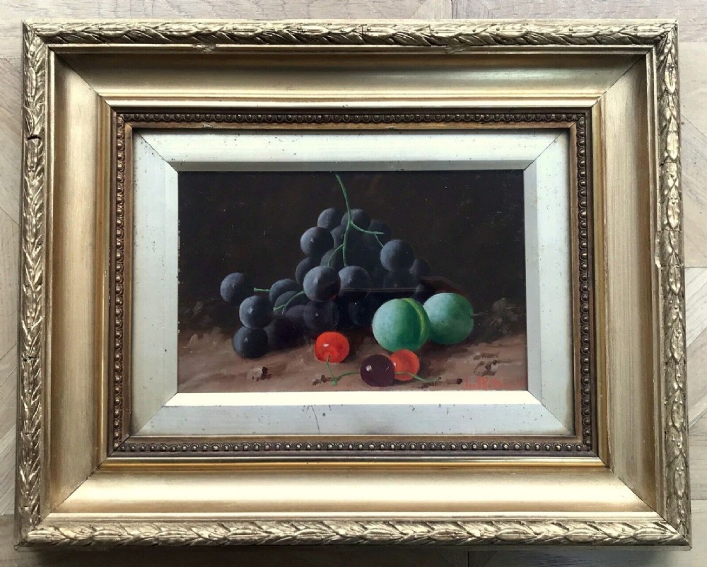 British School Original Signed Antique Oil Painting on Board Still Life study of Fruit Grapes, Greengages & Cherries in Wooden Gilt Frame