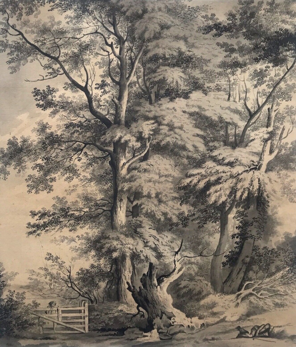English School Original Early 19th Century Antique Grisaille Watercolour Painting Elm Tree & Figure Sleeping Country Landscape
