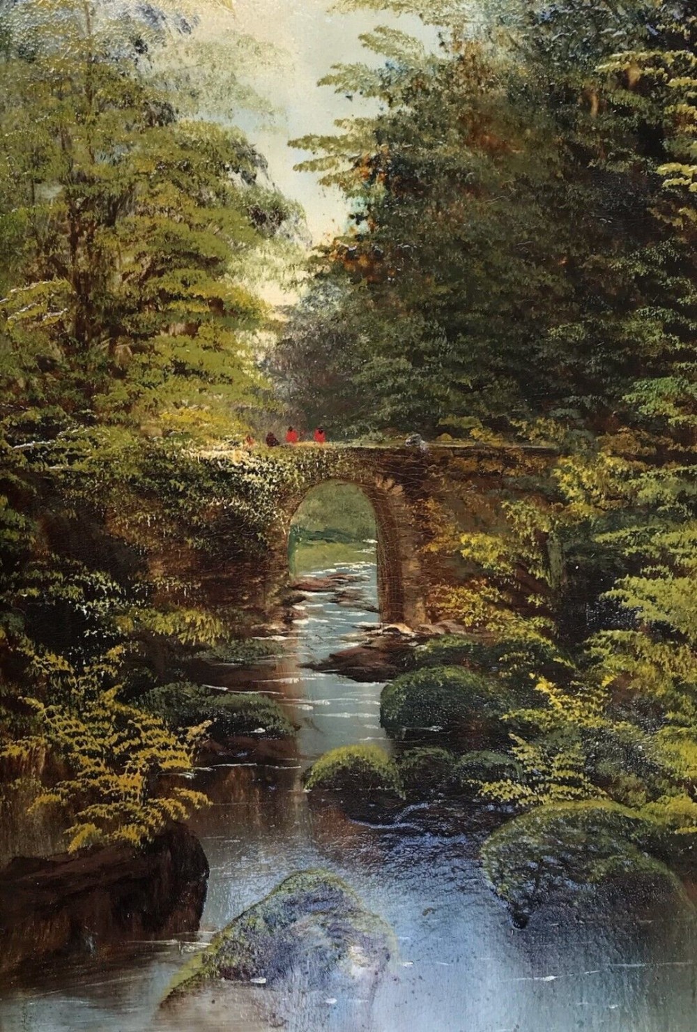 19th Century Original Antique Oil Painting Signed By David Motley 1882 A Bridge in a Wooded Landscape