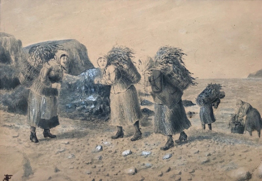 Original 19th Century English Antique Watercolour Painting Ladies Gathering Seaweed Coastal Seascape