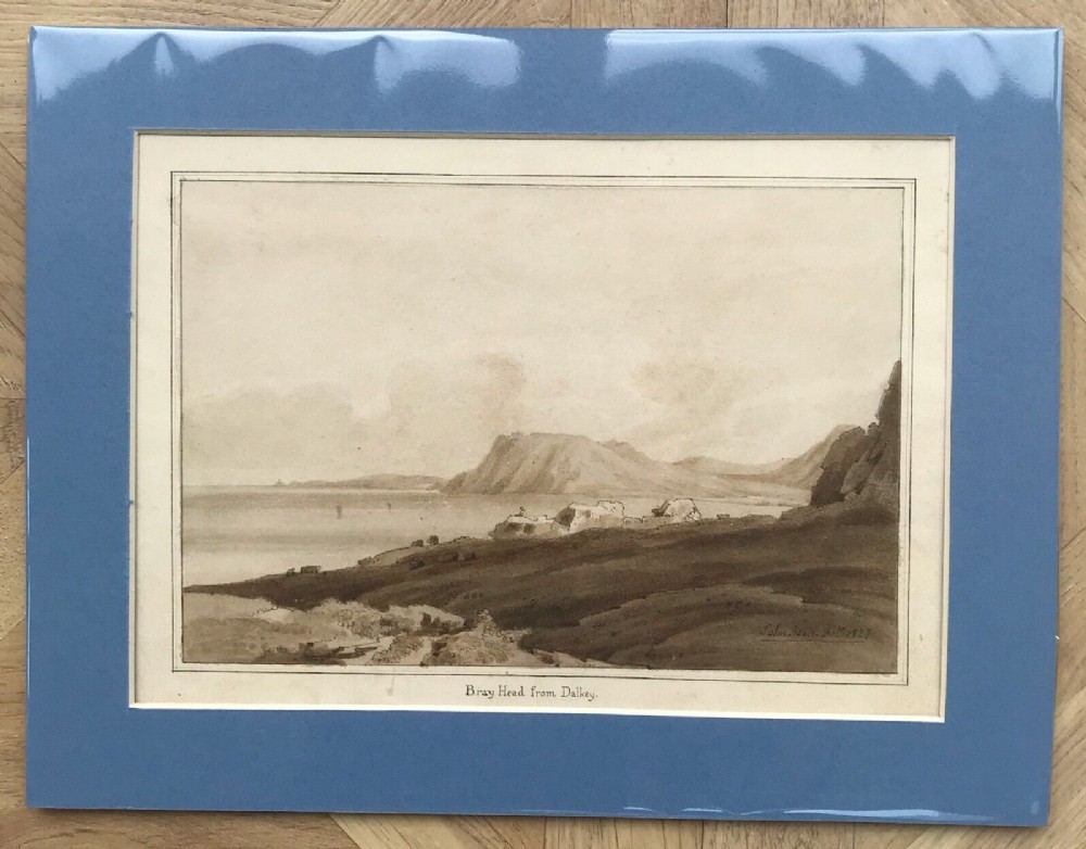 Bray Head from Dalkey Signed John Adair 1827 Original early 19th Century Antique Grisaille Watercolour Painting Irish Coast Seascape
