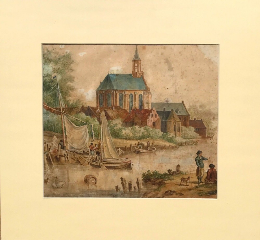G VONK 1758 Original Signed 18th Century Antique Dutch School Watercolour Painting River & Town Landscape