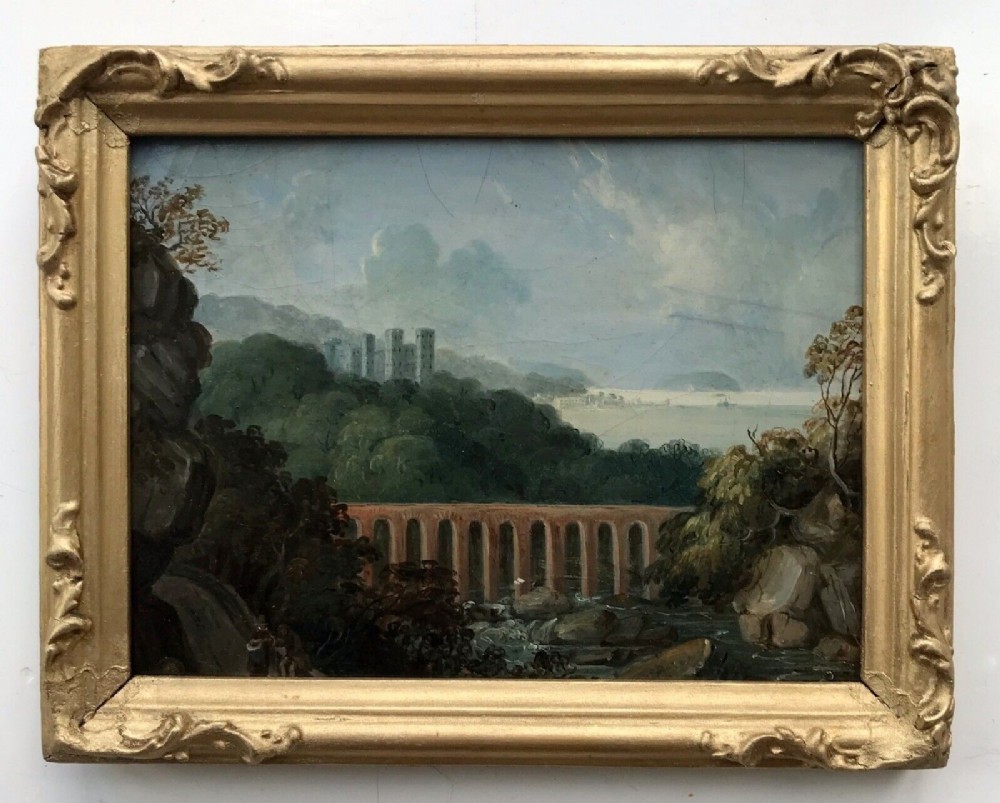 Original 19th Century Antique Oil Painting on Panel Viaduct and Castle Landscape English Landscape