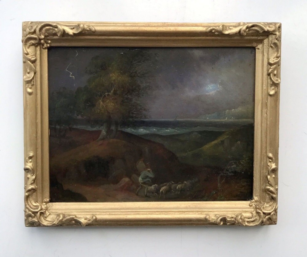 Original Antique 19th Century Oil Painting on Panel Shepherd Herding Sheep Stormy Night Coastal Landscape