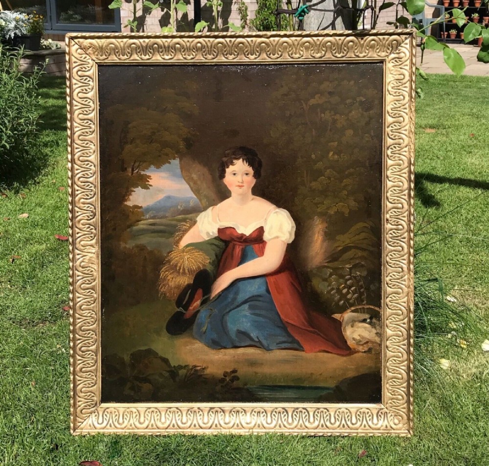Original 19th Century Antique Oil Painting on Canvas Victorian Portrait of a Girl Sitting in a Landscape