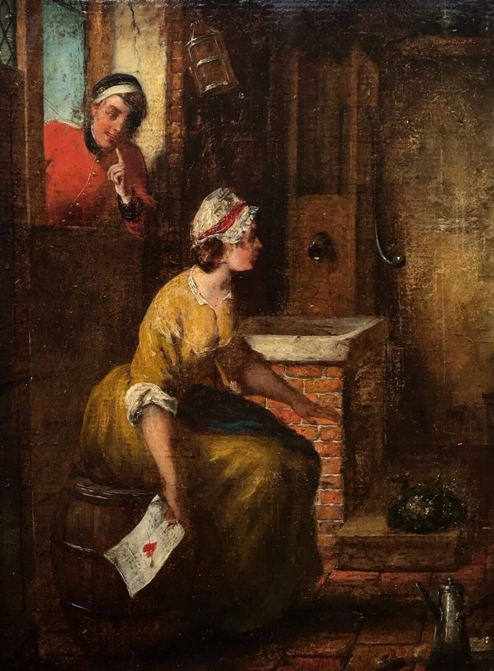 Original 19th Century Antique Oil Painting on Board Post Boy peering through a window at a Scullery Girl
